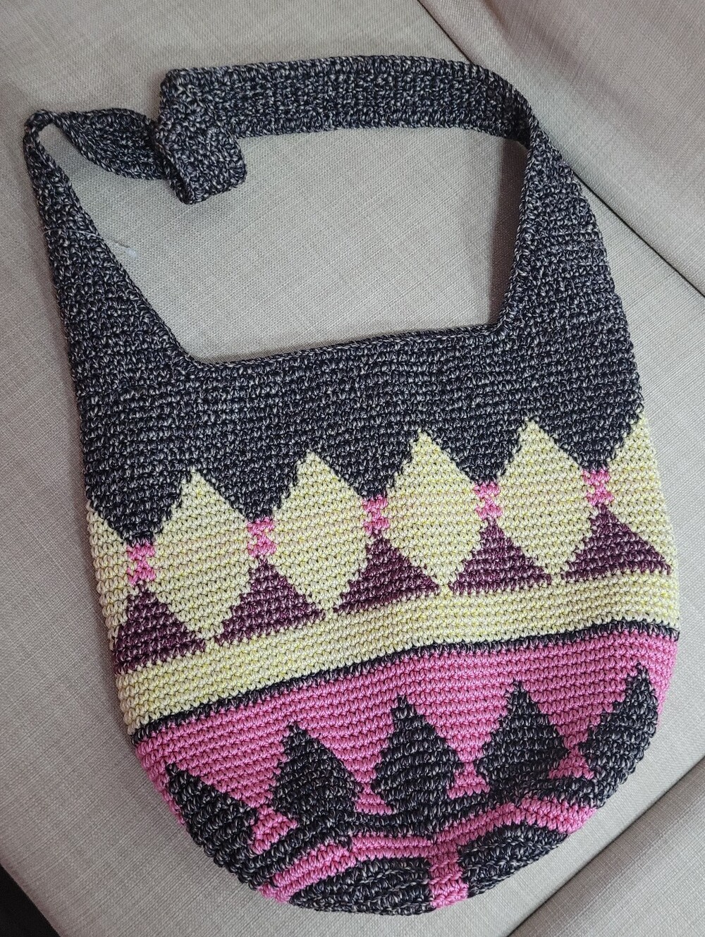The Sak Hand Crochet Hobo Shoulder Bag Geometric Pink Yellow Black Bali Artisan